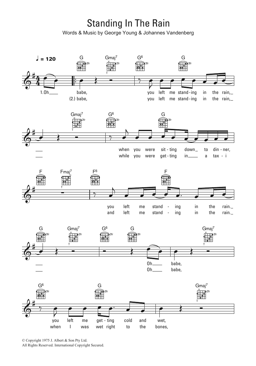 Learn to play John Paul Young Standing In The Rain sheet music for Lead Sheet / Fake Book in minutes. Price: 5.9900$ John Paul Young Standing In The Rain sheet music notes and chords arranged for Lead Sheet / Fake Book