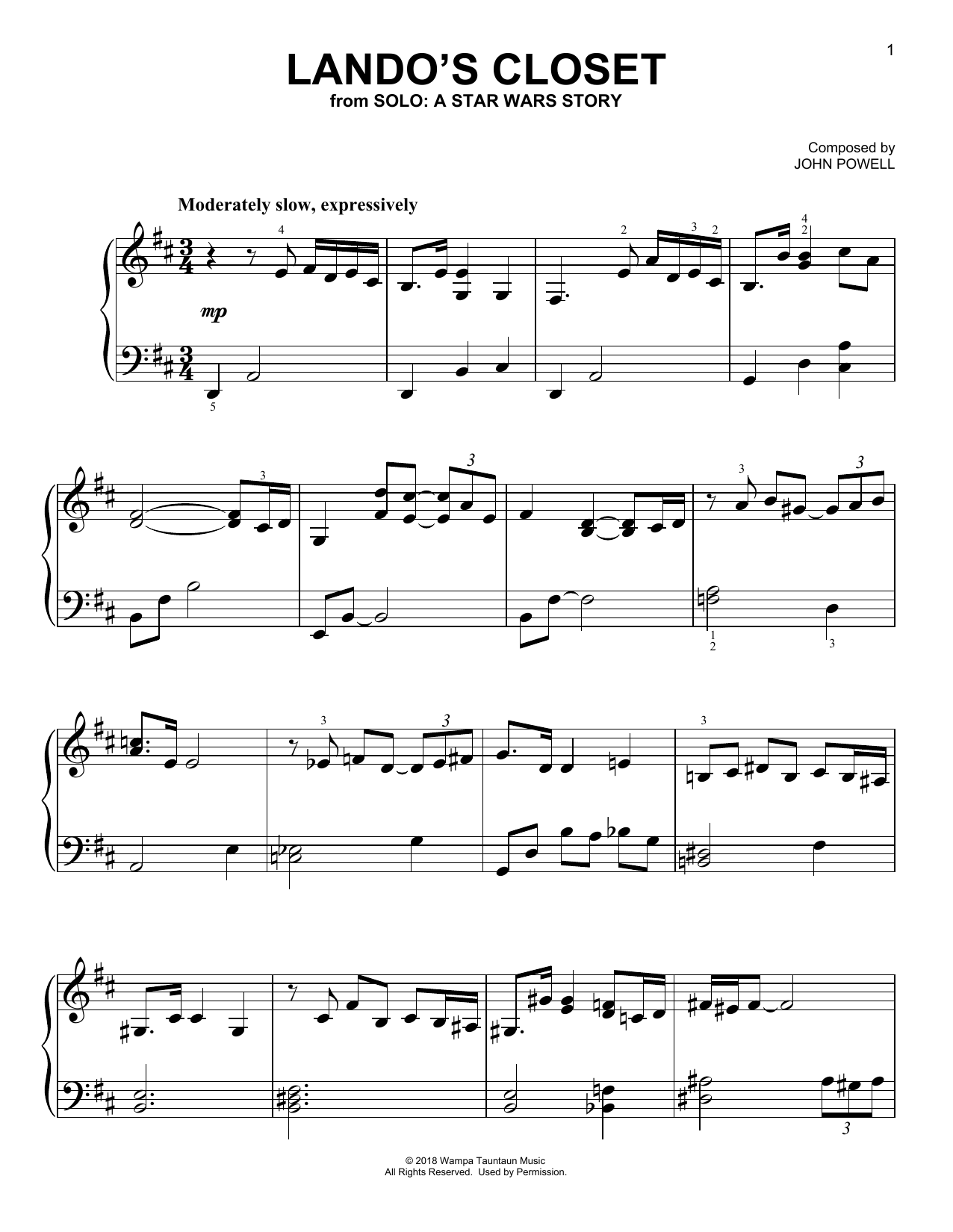 Learn to play John Powell Lando's Closet (from Solo: A Star Wars Story) sheet music for Easy Piano in minutes. Price: 6.9900$ John Powell Lando's Closet (from Solo: A Star Wars Story) sheet music notes and chords arranged for Easy Piano