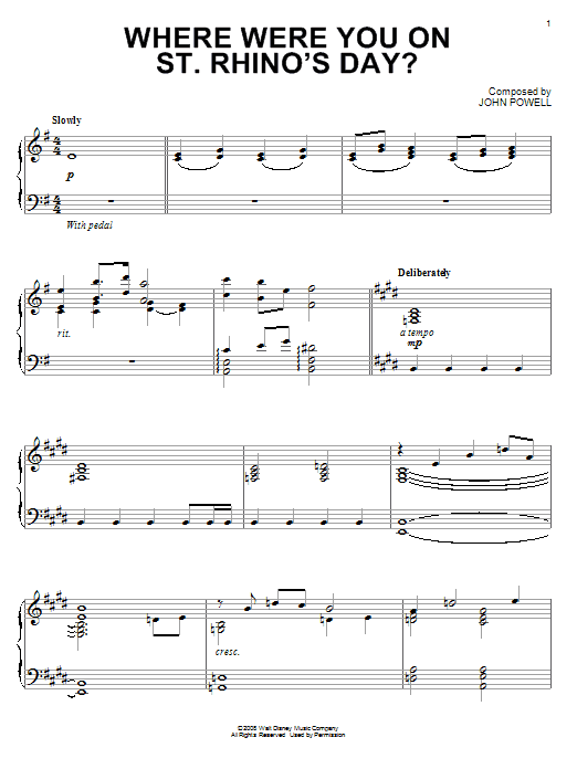 Learn to play John Powell Where Were You On St. Rhino's Day? sheet music for Piano Solo in minutes. John Powell Where Were You On St. Rhino's Day? sheet music notes and chords. Download Printable PDF.
