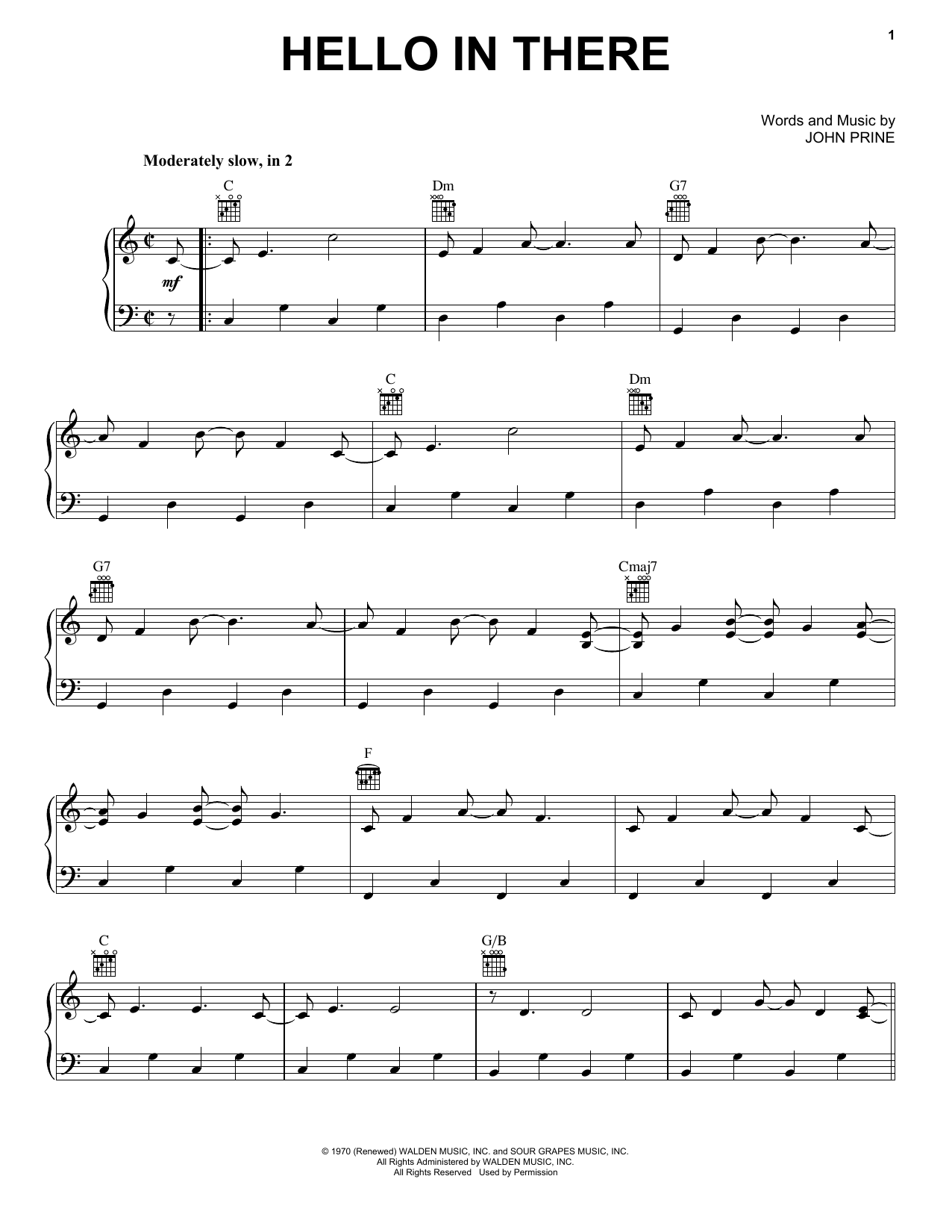 John Prine Hello In There Sheet Music Pdf Notes Chords Pop Score Piano Vocal Guitar Right Hand Melody Download Printable Sku