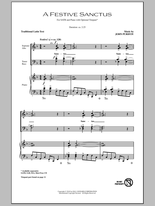 John Purifoy A Festive Sanctus sheet music notes and chords. Download Printable PDF.