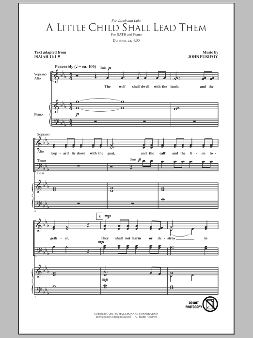 Learn to play John Purifoy A Little Child Shall Lead Them sheet music for SATB Choir in minutes. Price: 3.9900$ John Purifoy A Little Child Shall Lead Them sheet music notes and chords arranged for SATB Choir