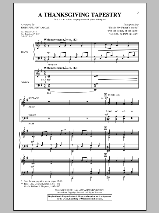 John Purifoy A Thanksgiving Tapestry sheet music notes and chords. Download Printable PDF.