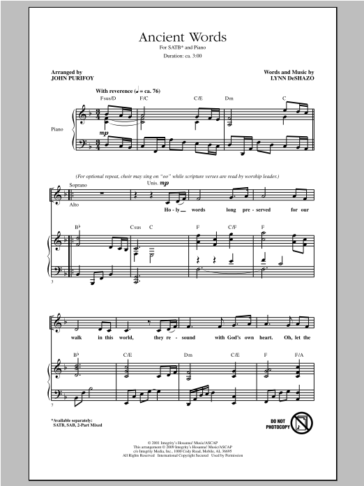 John Purifoy Ancient Words sheet music notes and chords. Download Printable PDF.