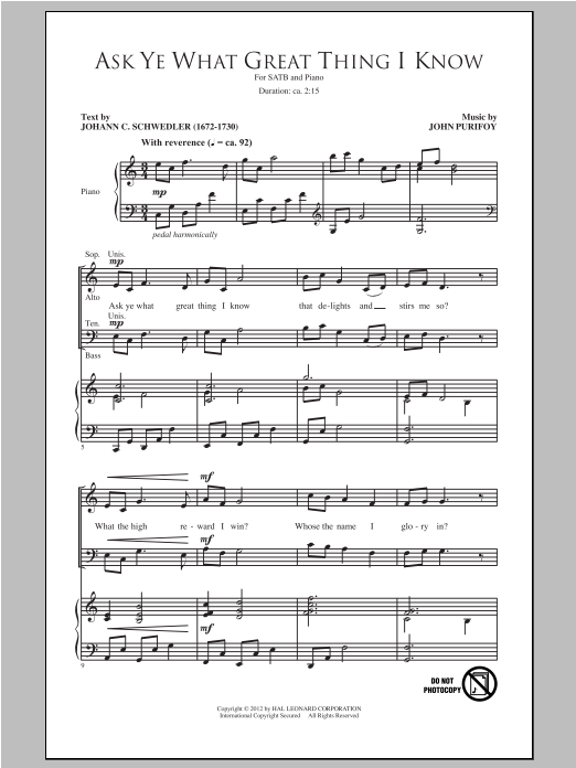 Learn to play John Purifoy Ask Ye What Great Thing I Know sheet music for SATB Choir in minutes. Price: 3.9900$ John Purifoy Ask Ye What Great Thing I Know sheet music notes and chords arranged for SATB Choir