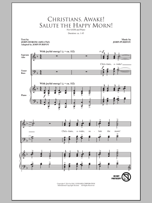 Learn to play John Purifoy Christians, Awake! Salute The Happy Morn sheet music for SATB Choir in minutes. Price: 3.9900$ John Purifoy Christians, Awake! Salute The Happy Morn sheet music notes and chords arranged for SATB Choir