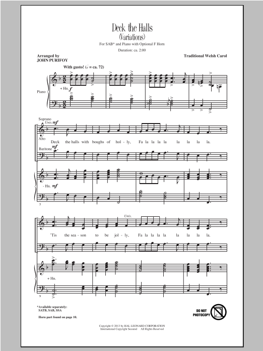 Traditional Carol Deck The Halls (arr. John Purifoy) sheet music notes and chords arranged for SAB Choir