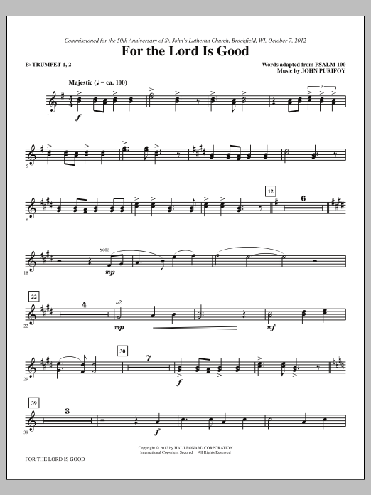Learn to play John Purifoy For The Lord Is Good - Bb Trumpet 1,2 sheet music for Choir Instrumental Pak in minutes. Price: 8.9900$ John Purifoy For The Lord Is Good - Bb Trumpet 1,2 sheet music notes and chords arranged for Choir Instrumental Pak
