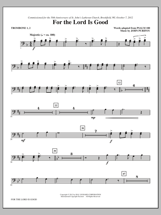 Learn to play John Purifoy For The Lord Is Good - Trombone 1, 2 sheet music for Choir Instrumental Pak in minutes. Price: 8.9900$ John Purifoy For The Lord Is Good - Trombone 1, 2 sheet music notes and chords arranged for Choir Instrumental Pak