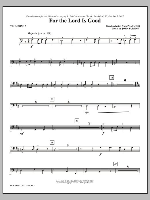 Learn to play John Purifoy For The Lord Is Good - Trombone 3 sheet music for Choir Instrumental Pak in minutes. Price: 8.9900$ John Purifoy For The Lord Is Good - Trombone 3 sheet music notes and chords arranged for Choir Instrumental Pak