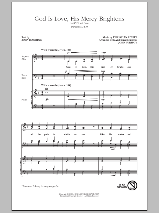 Learn to play John Purifoy God Is Love, His Mercy Brightens sheet music for SATB Choir in minutes. John Purifoy God Is Love, His Mercy Brightens sheet music notes and chords. Download Printable PDF.