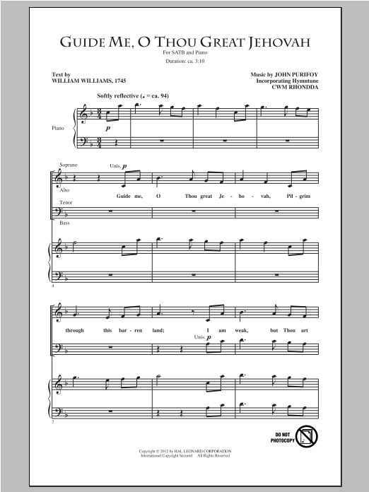 Learn to play John Purifoy Guide Me, O Thou Great Jehovah sheet music for SATB Choir in minutes. Price: 3.9900$ John Purifoy Guide Me, O Thou Great Jehovah sheet music notes and chords arranged for SATB Choir