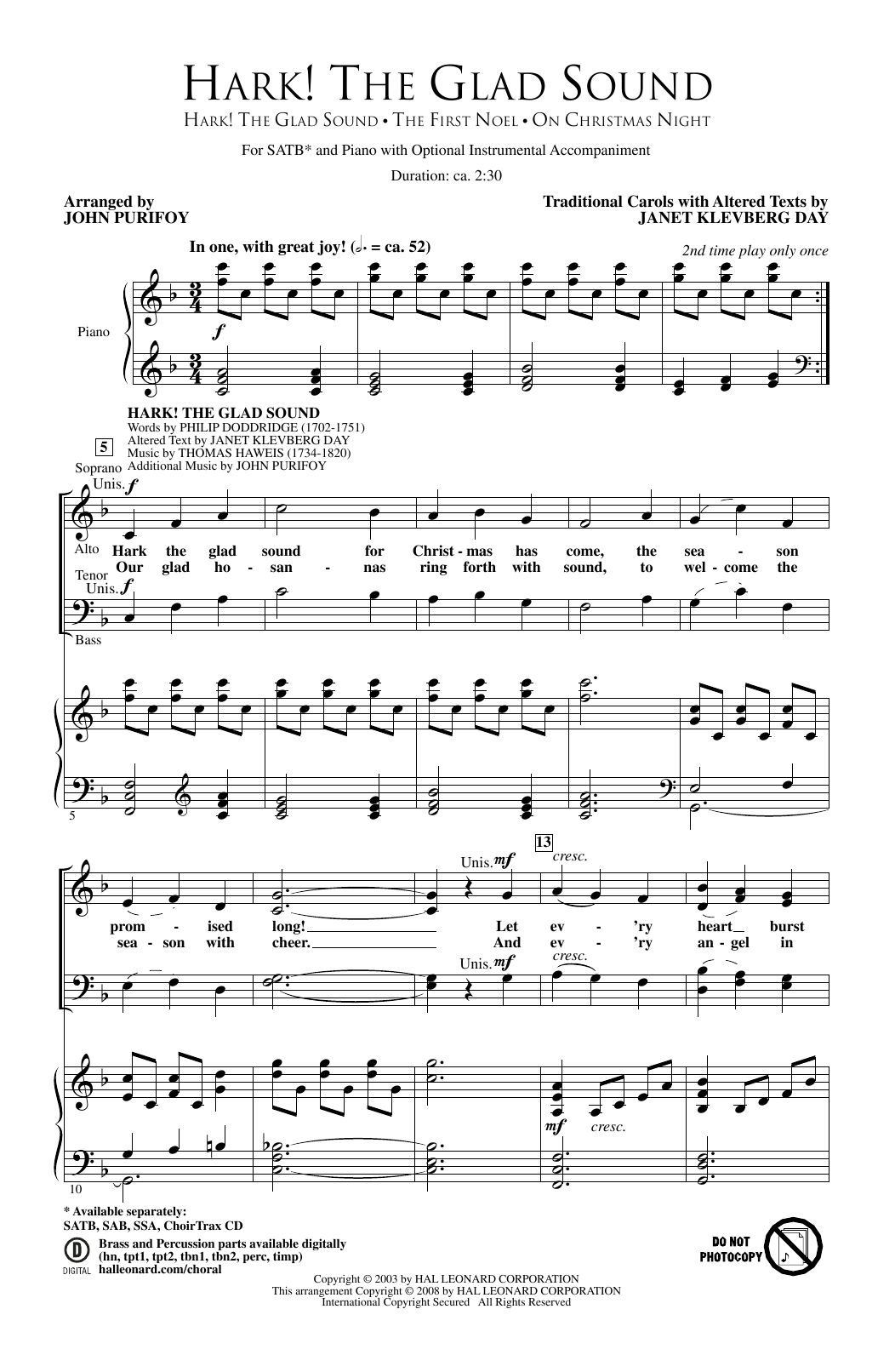 Learn to play John Purifoy Hark! The Glad Sound sheet music for SATB Choir in minutes. Price: 3.9900$ John Purifoy Hark! The Glad Sound sheet music notes and chords arranged for SATB Choir