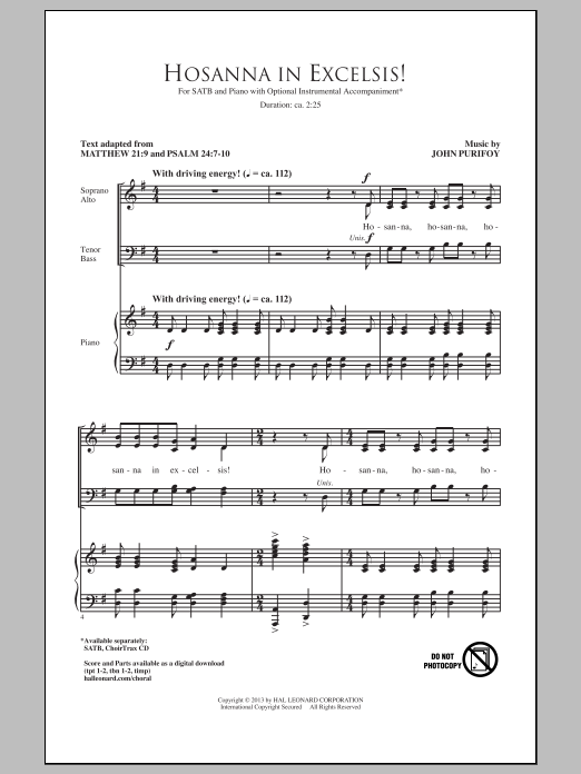 Learn to play John Purifoy Hosanna In Excelsis! sheet music for SATB Choir in minutes. Price: 3.9900$ John Purifoy Hosanna In Excelsis! sheet music notes and chords arranged for SATB Choir