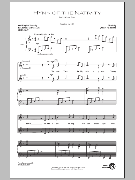 Learn to play John Purifoy Hymn Of The Nativity sheet music for SSA Choir in minutes. Price: 3.9900$ John Purifoy Hymn Of The Nativity sheet music notes and chords arranged for SSA Choir