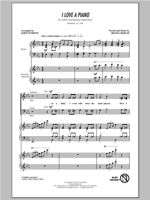 Irving Berlin I Love A Piano (arr. John Purifoy) sheet music notes and chords arranged for 3-Part Mixed Choir