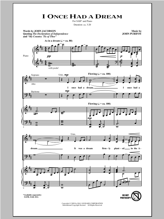 Learn to play John Purifoy I Once Had A Dream sheet music for SSA Choir in minutes. Price: 3.9900$ John Purifoy I Once Had A Dream sheet music notes and chords arranged for SSA Choir