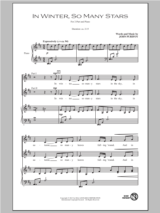 John Purifoy In Winter So Many Stars Sheet Music Pdf Notes