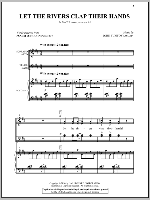 Learn to play John Purifoy Let The Rivers Clap Their Hands sheet music for SATB Choir in minutes. Price: 3.9900$ John Purifoy Let The Rivers Clap Their Hands sheet music notes and chords arranged for SATB Choir