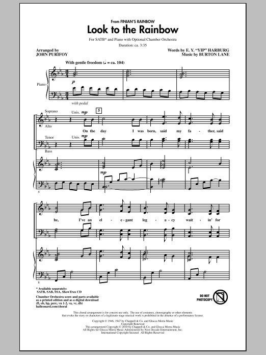 Learn to play John Purifoy Look To The Rainbow (from Finian's Rainbow) sheet music for SSA Choir in minutes. Price: 3.9900$ John Purifoy Look To The Rainbow (from Finian's Rainbow) sheet music notes and chords arranged for SSA Choir