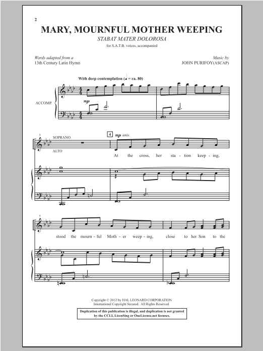 Learn to play John Purifoy Mary, Mournful Mother Weeping sheet music for SATB Choir in minutes. Price: 3.9900$ John Purifoy Mary, Mournful Mother Weeping sheet music notes and chords arranged for SATB Choir