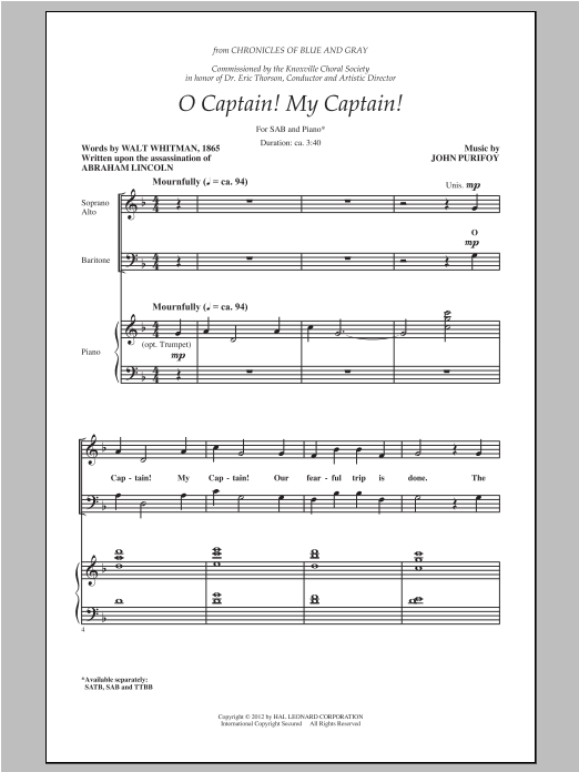 Learn to play John Purifoy O Captain! My Captain! sheet music for TTBB Choir in minutes. Price: 3.9900$ John Purifoy O Captain! My Captain! sheet music notes and chords arranged for TTBB Choir