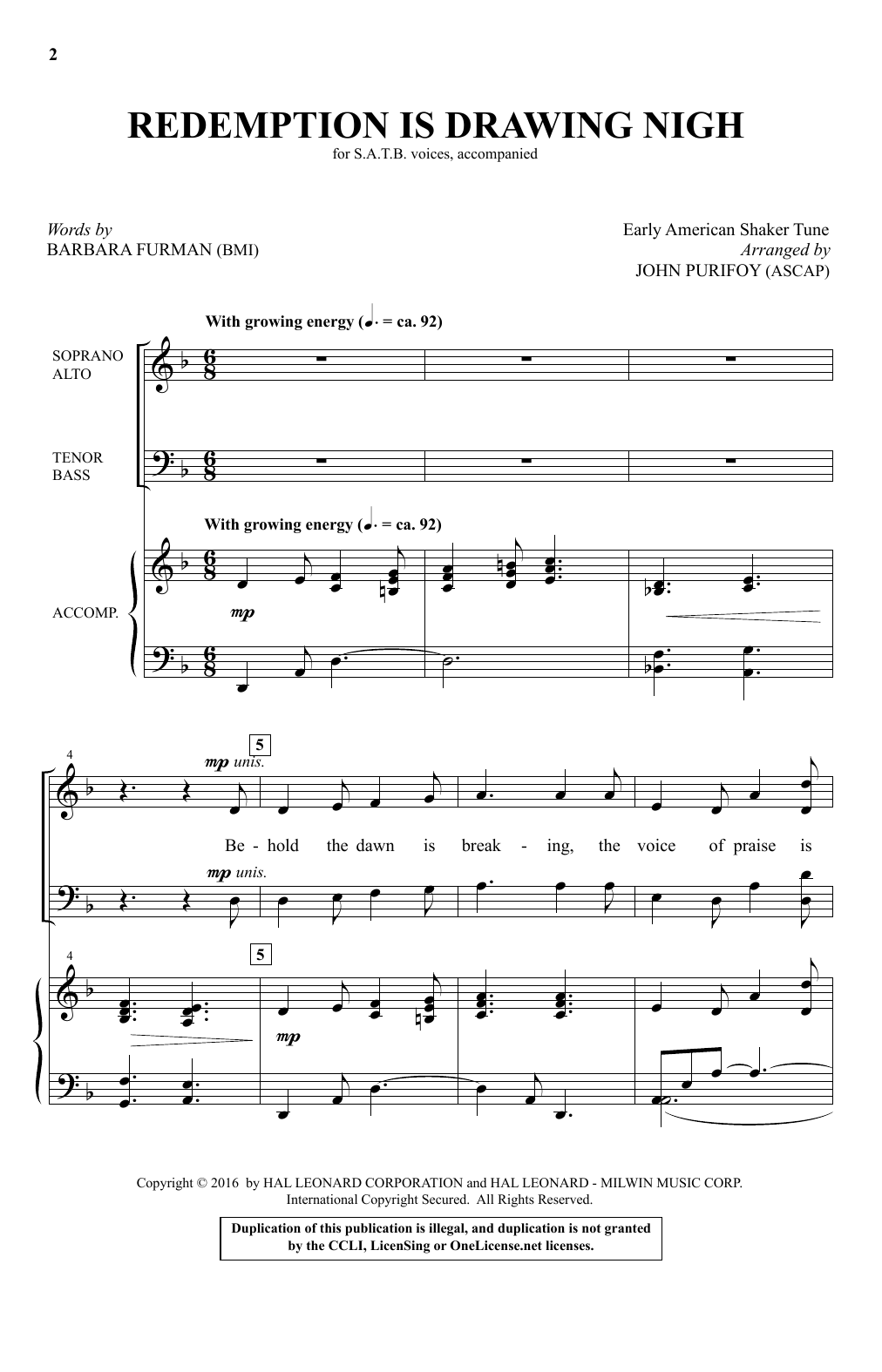 Learn to play Traditional Shaker Hymn Redemption Is Drawing Nigh (arr. John Purifoy) sheet music for SATB Choir in minutes. Price: 3.9900$ Traditional Shaker Hymn Redemption Is Drawing Nigh (arr. John Purifoy) sheet music notes and chords arranged for SATB Choir