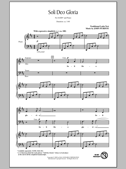 Learn to play John Purifoy Soli Deo Gloria sheet music for SSA Choir in minutes. Price: 3.9900$ John Purifoy Soli Deo Gloria sheet music notes and chords arranged for SSA Choir
