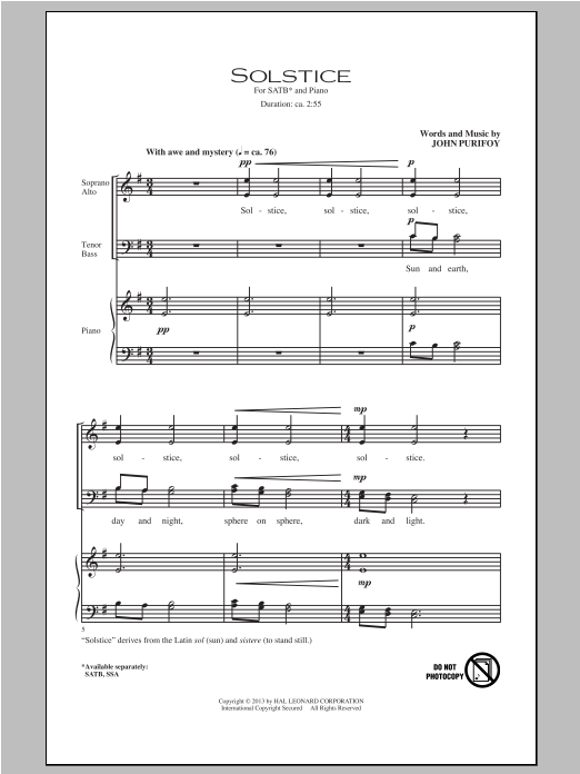 John Purifoy Solstice sheet music notes and chords. Download Printable PDF.