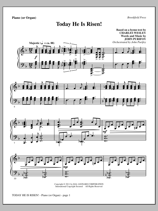 John Purifoy Today He Is Risen! - Piano or Organ sheet music notes and chords arranged for Choir Instrumental Pak