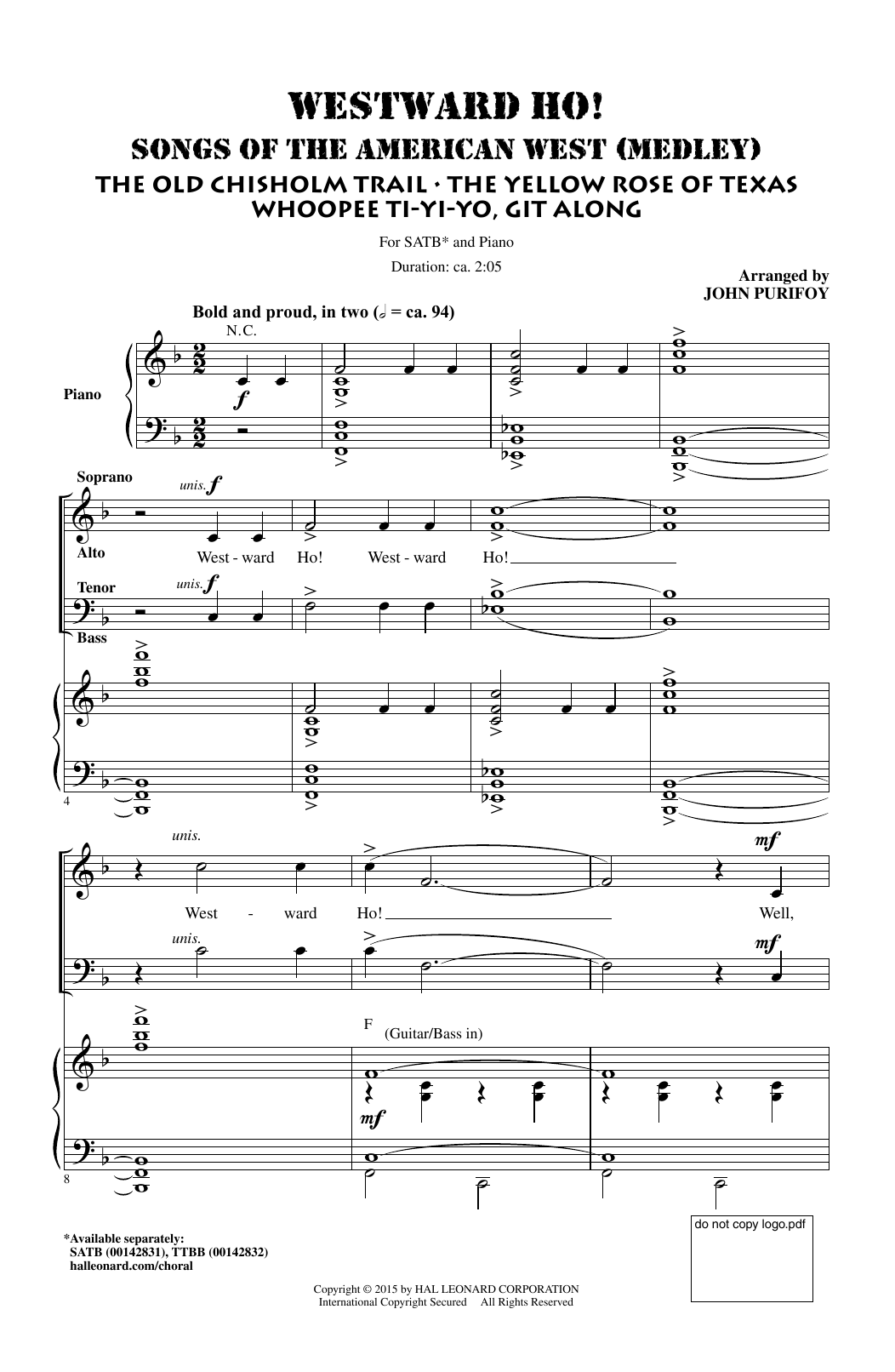Learn to play John Purifoy Westward Ho! Songs of the American West (Medley) sheet music for TTBB Choir in minutes. Price: 3.9900$ John Purifoy Westward Ho! Songs of the American West (Medley) sheet music notes and chords arranged for TTBB Choir