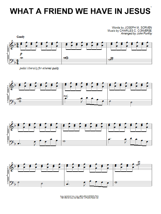 Learn to play John Purifoy What A Friend We Have In Jesus sheet music for Piano Solo in minutes. John Purifoy What A Friend We Have In Jesus sheet music notes and chords. Download Printable PDF.