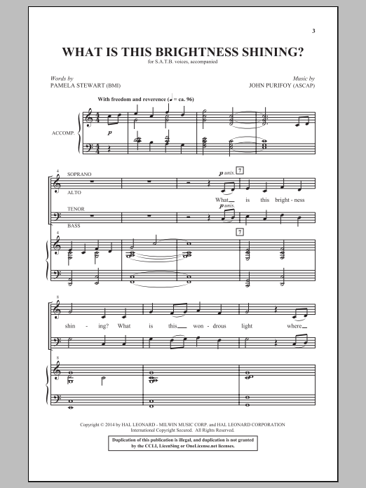 Learn to play John Purifoy What Is This Brightness Shining? sheet music for SATB Choir in minutes. Price: 3.9900$ John Purifoy What Is This Brightness Shining? sheet music notes and chords arranged for SATB Choir
