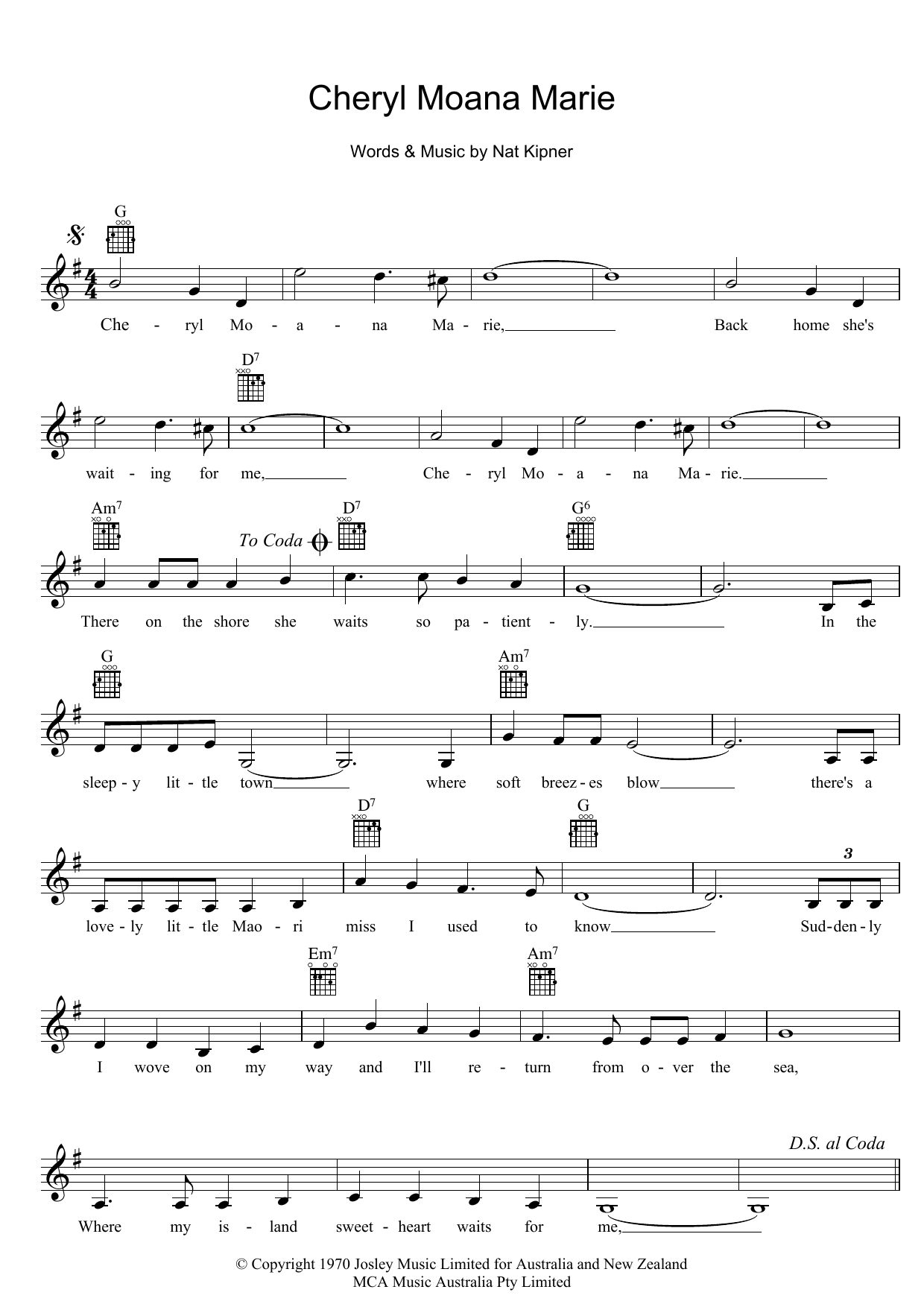 John Rowles Cheryl Moana Marie sheet music notes and chords. Download Printable PDF.