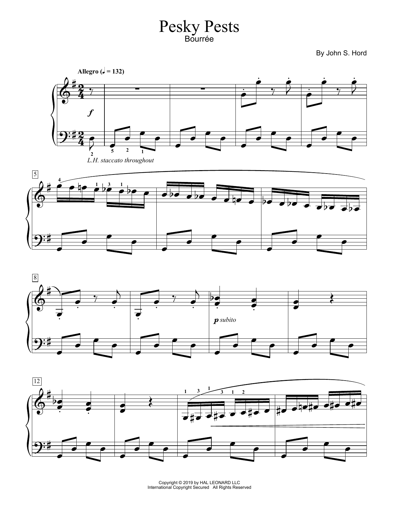 Learn to play John S. Hord Pesky Pests sheet music for Educational Piano in minutes. Price: 6.9900$ John S. Hord Pesky Pests sheet music notes and chords arranged for Educational Piano
