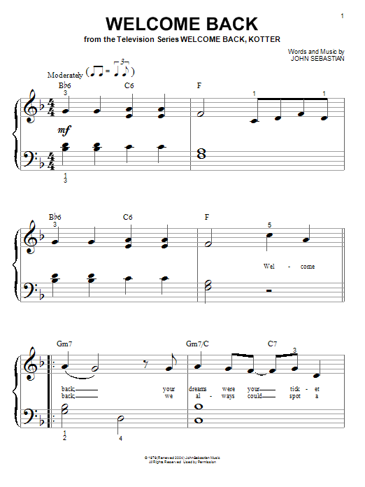 John Sebastian Welcome Back sheet music notes and chords. Download Printable PDF.