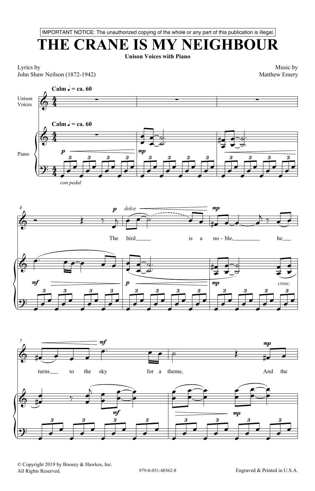 Learn to play John Shaw Neilson and Matthew Emery The Crane Is My Neighbour sheet music for Unison Choir in minutes. Price: 3.9900$ John Shaw Neilson and Matthew Emery The Crane Is My Neighbour sheet music notes and chords arranged for Unison Choir