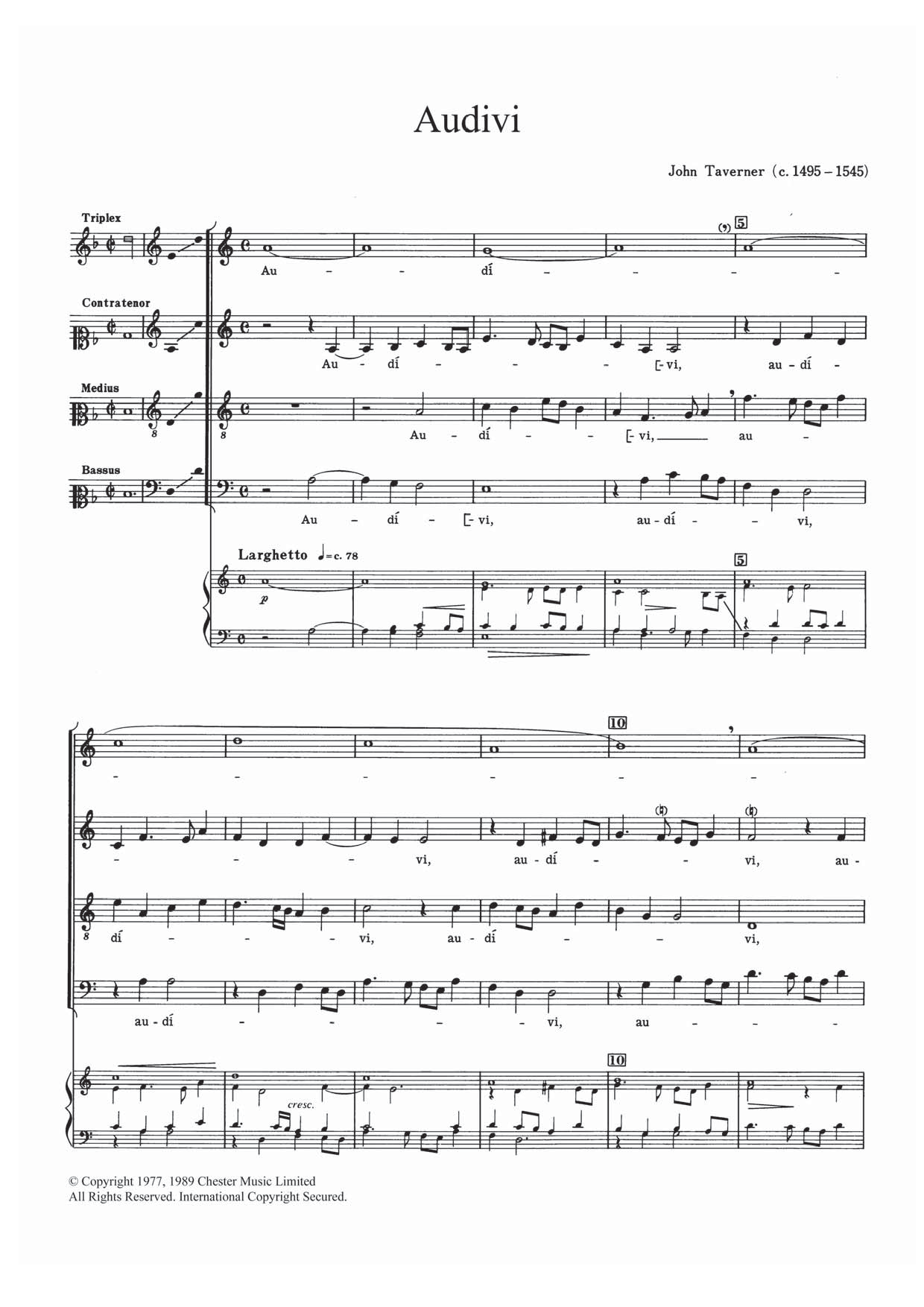 John Taverner Audivi sheet music notes and chords. Download Printable PDF.