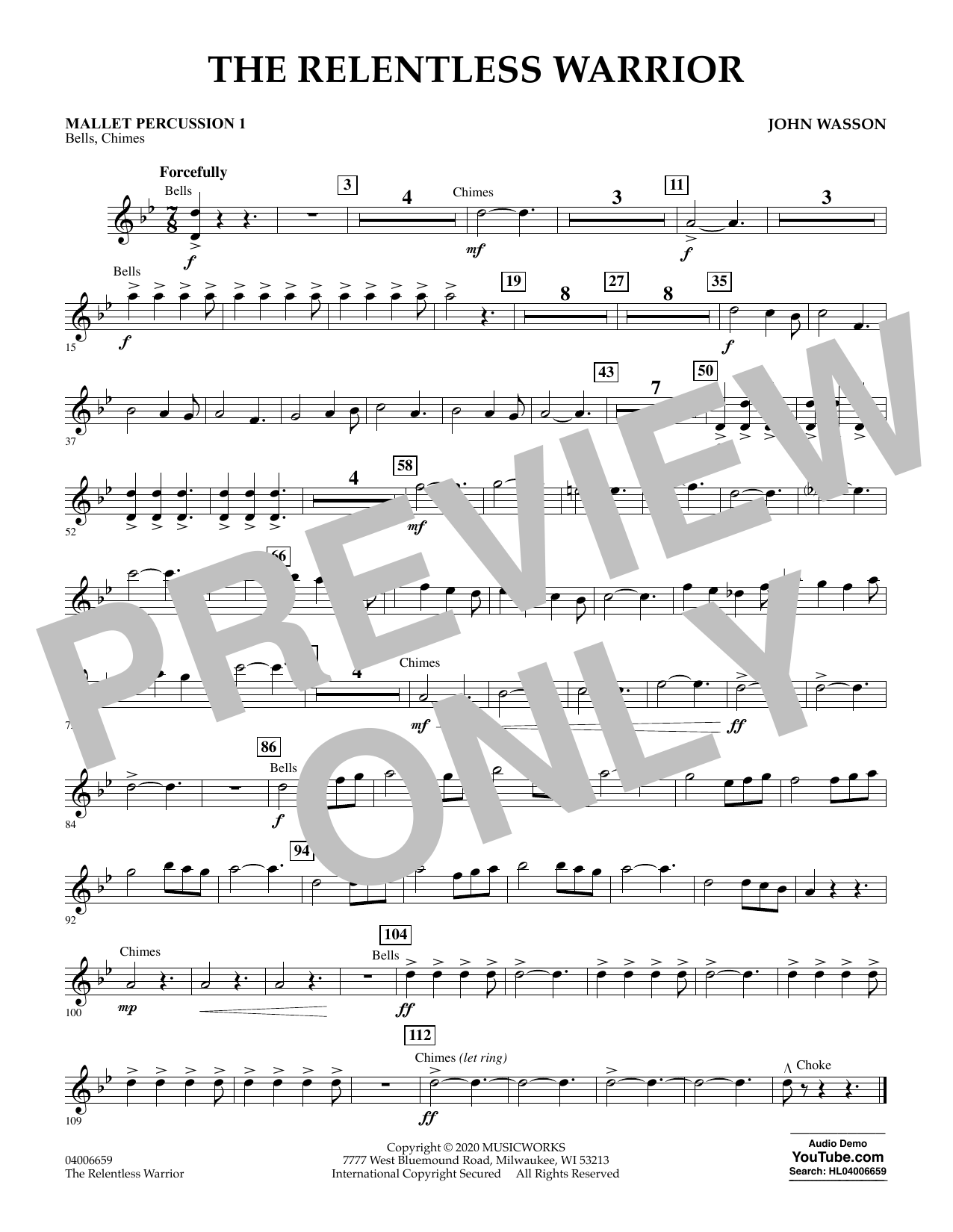 Learn to play John Wasson The Relentless Warrior - Mallet Percussion 1 sheet music for Concert Band in minutes. Price: 5.9900$ John Wasson The Relentless Warrior - Mallet Percussion 1 sheet music notes and chords. Download Printable PDF.