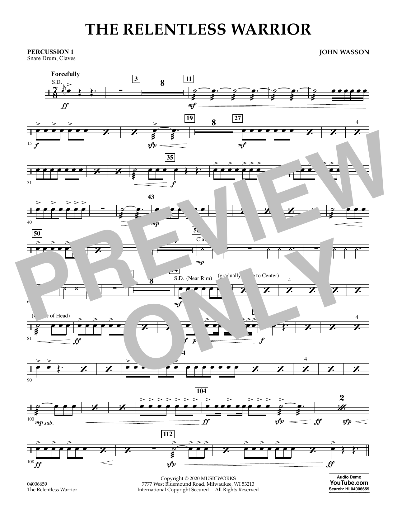 Learn to play John Wasson The Relentless Warrior - Percussion 1 sheet music for Concert Band in minutes. John Wasson The Relentless Warrior - Percussion 1 sheet music notes and chords. Download Printable PDF.