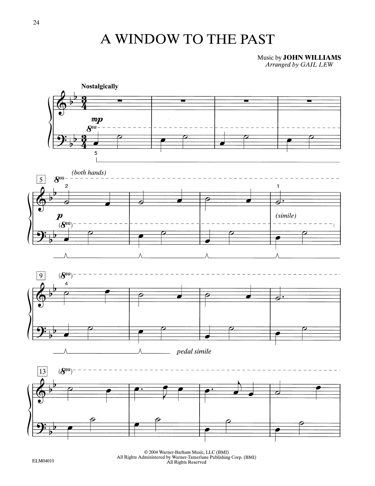 John Williams "A Window To The Past" Sheet Music for Easy Piano