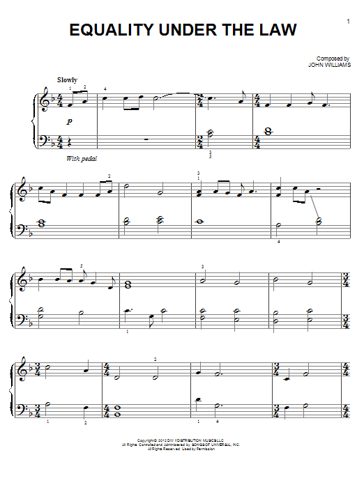 Learn to play John Williams Equality Under The Law sheet music for Easy Piano in minutes. Price: 6.9900$ John Williams Equality Under The Law sheet music notes and chords arranged for Easy Piano