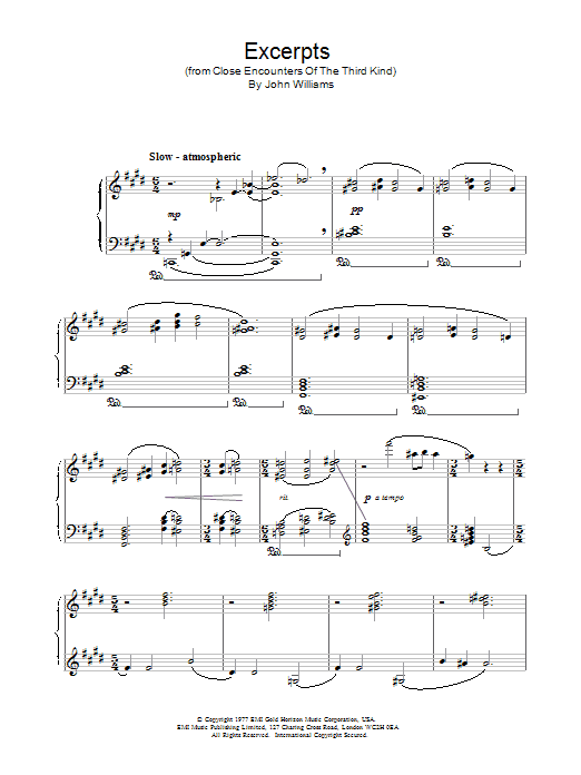 John Williams Excerpts (from Close Encounters Of The Third Kind) sheet music notes and chords. Download Printable PDF.