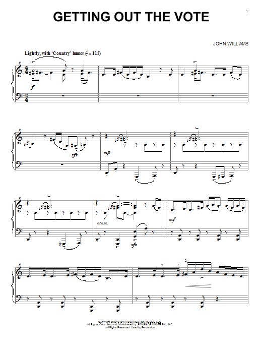 Learn to play John Williams Getting Out The Vote sheet music for Easy Piano in minutes. Price: 6.9900$ John Williams Getting Out The Vote sheet music notes and chords arranged for Easy Piano