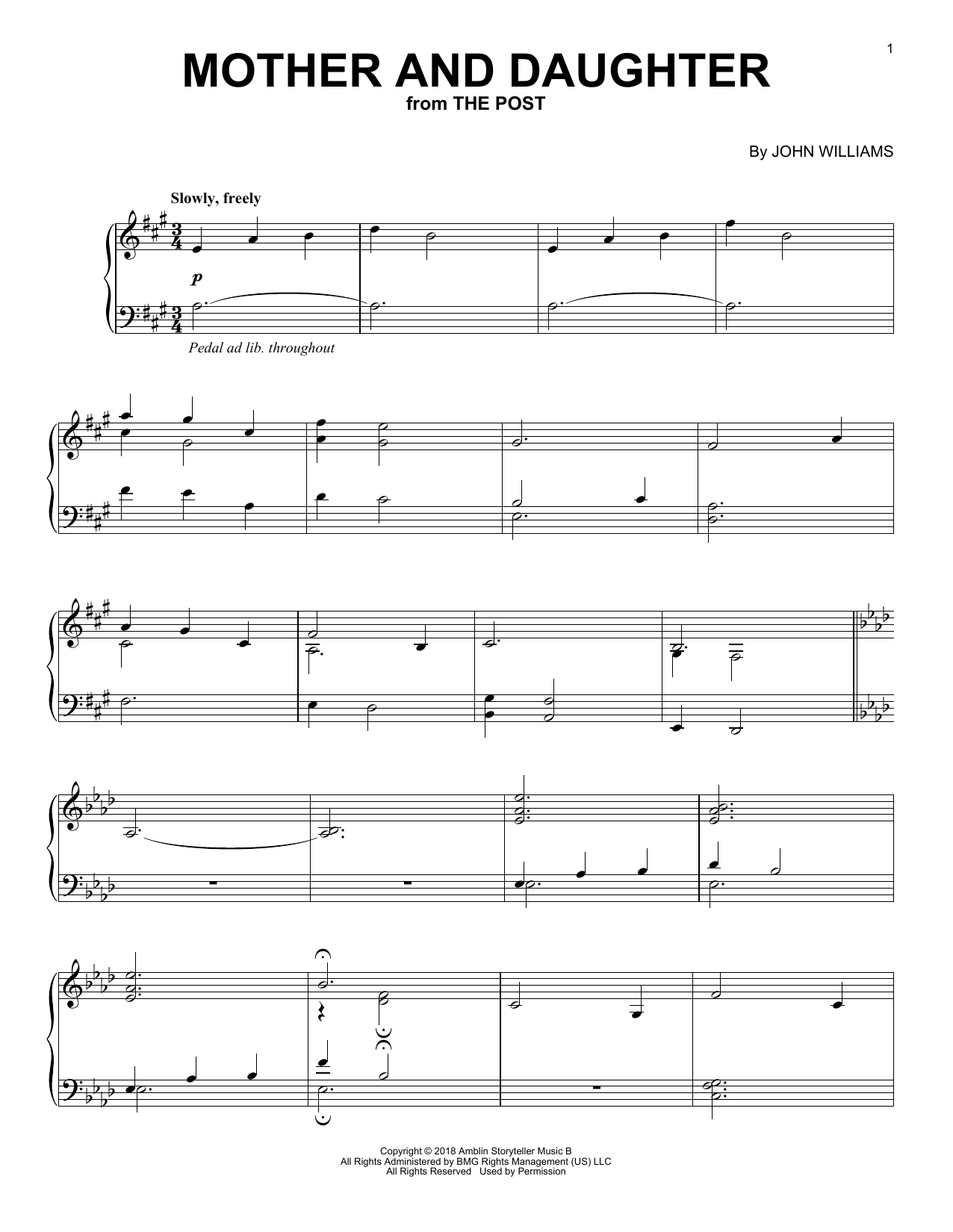 John Williams Mother And Daughter (from The Post) sheet music notes and chords. Download Printable PDF.