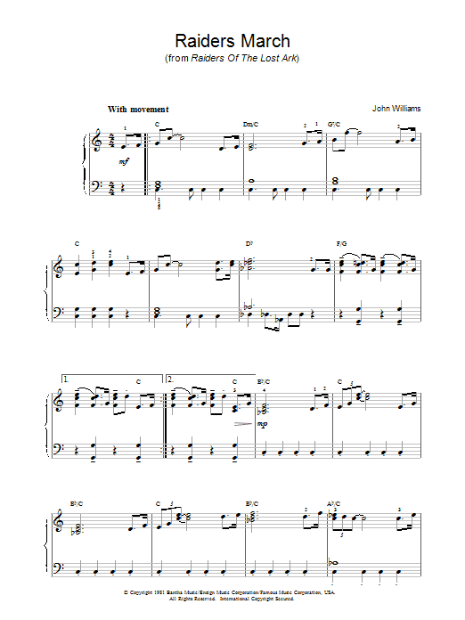 John Williams Raiders March (from Raiders Of The Lost Ark) sheet music notes and chords. Download Printable PDF.