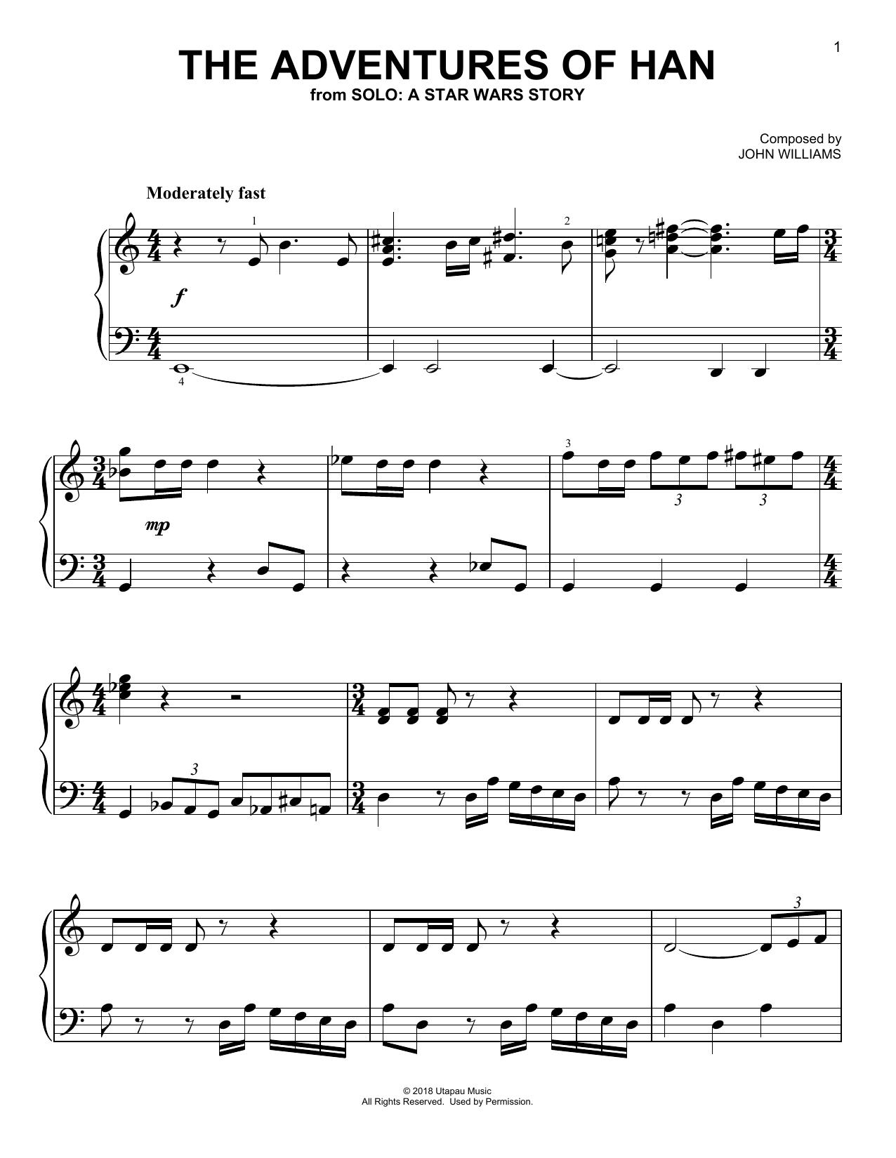 John Williams The Adventures Of Han (from Solo: A Star Wars Story) sheet music notes and chords. Download Printable PDF.