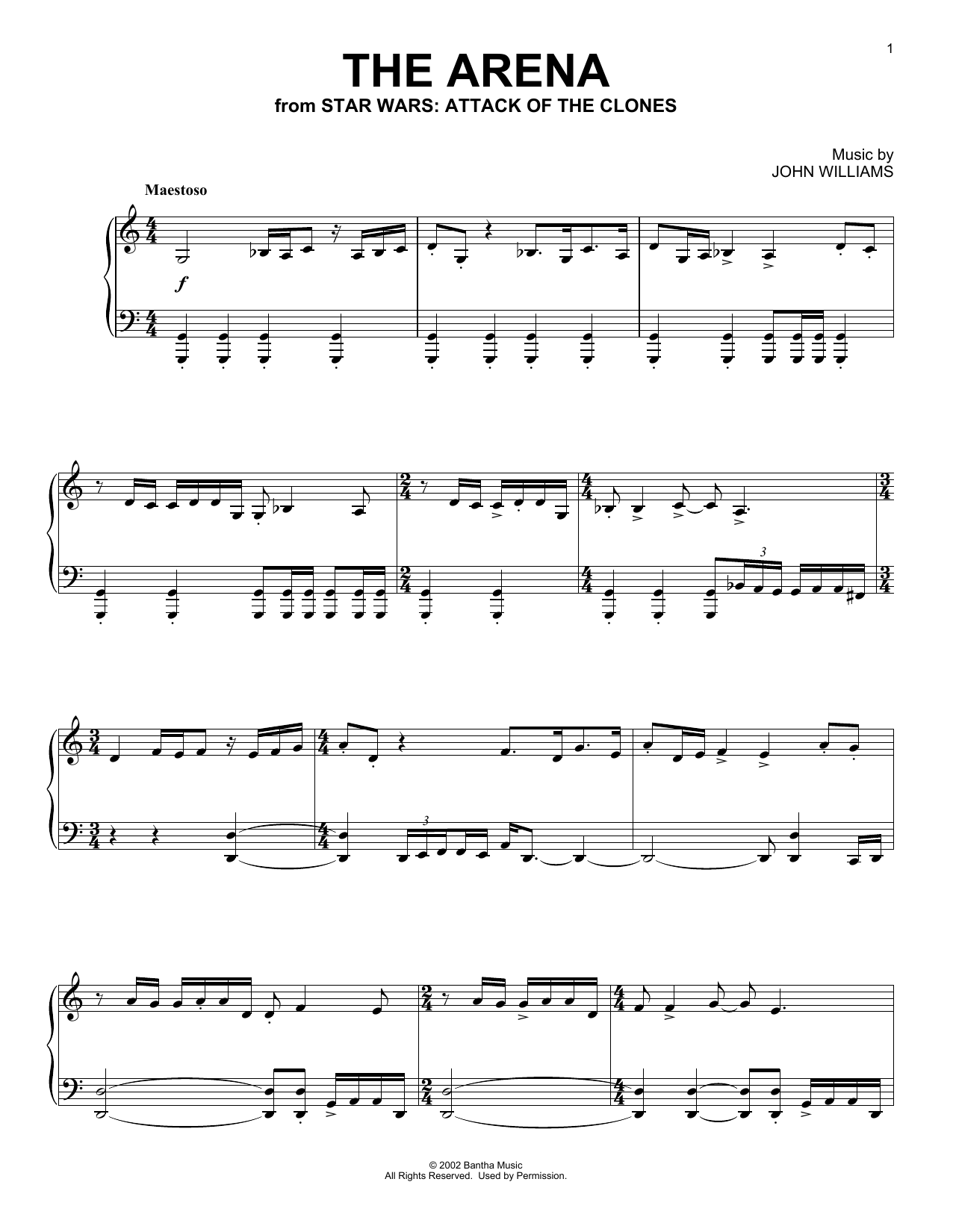 Learn to play John Williams The Arena (from Star Wars: Attack Of The Clones) sheet music for Piano Solo in minutes. Price: 6.9900$ John Williams The Arena (from Star Wars: Attack Of The Clones) sheet music notes and chords arranged for Piano Solo