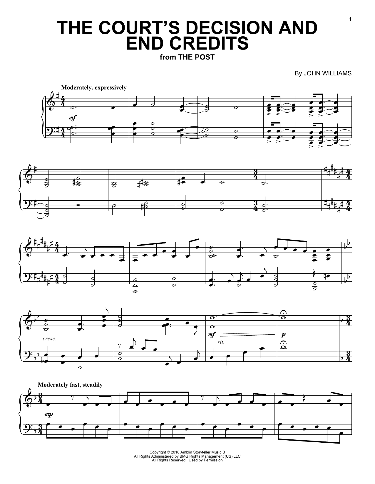 Learn to play John Williams The Court's Decision And End Credits (from The Post) sheet music for Piano Solo in minutes. Price: 6.9900$ John Williams The Court's Decision And End Credits (from The Post) sheet music notes and chords arranged for Piano Solo