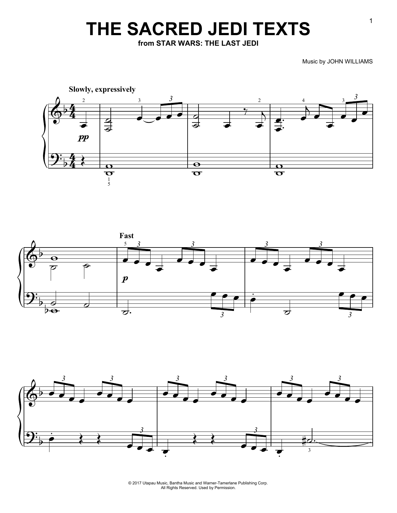 Learn to play John Williams The Sacred Jedi Texts sheet music for Piano Solo in minutes. Price: 6.9900$ John Williams The Sacred Jedi Texts sheet music notes and chords arranged for Piano Solo
